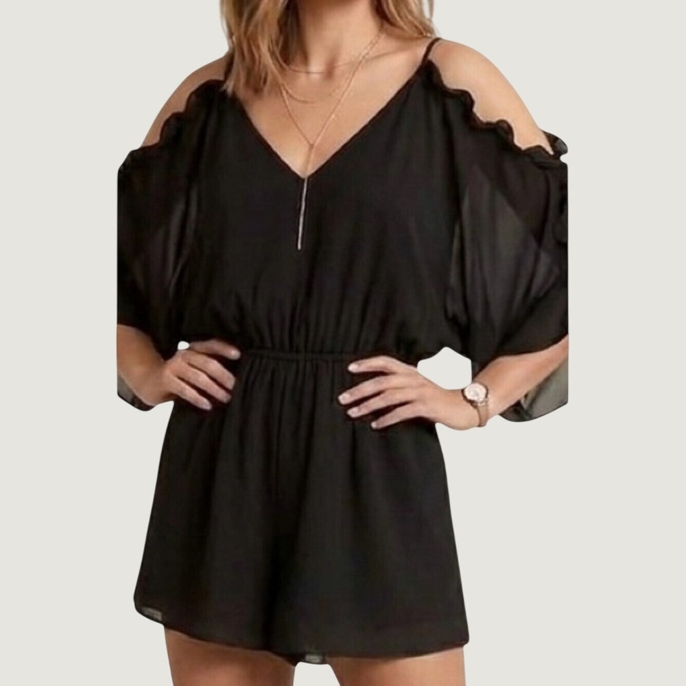 Bold Elements Black Chiffon Flowy Ruffled Split Cold-Shoulder Sleeve Mini Romper